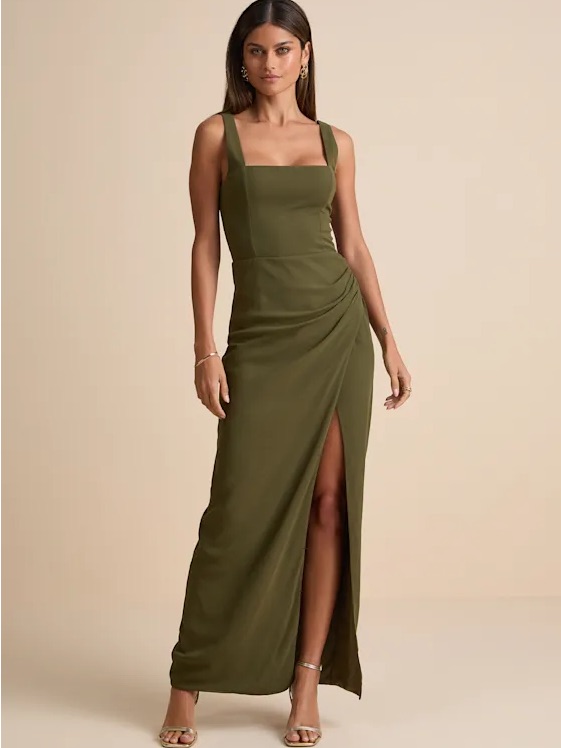 Lulu's Olive Square-Neck Maxi With Draped Side Slit
